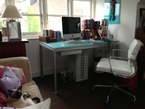 I love my little office up in the attic. I'm surrounded by my favourite things. Notice my small furry assistant in the bottom left hand corner.